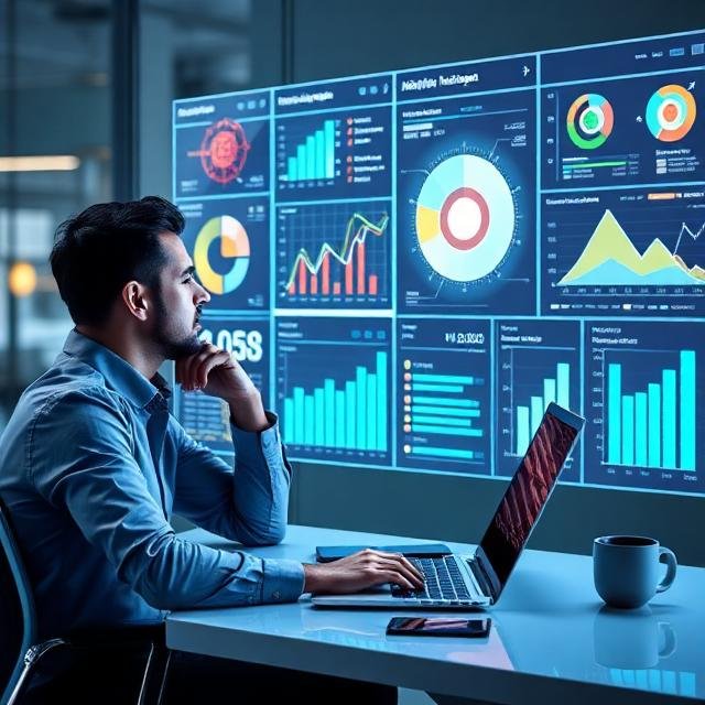 Entrepreneur using AI analytics for business decisions dashboard to make smarter choices