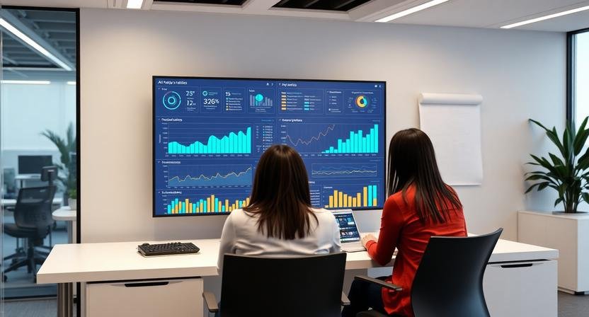 AI analytics for business growth dashboard showing charts and graphs with a small team making data-driven decisions