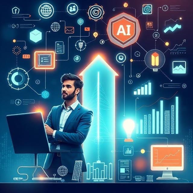 Illustration of AI business growth strategies with entrepreneurs, automation icons, and digital workflow graphics