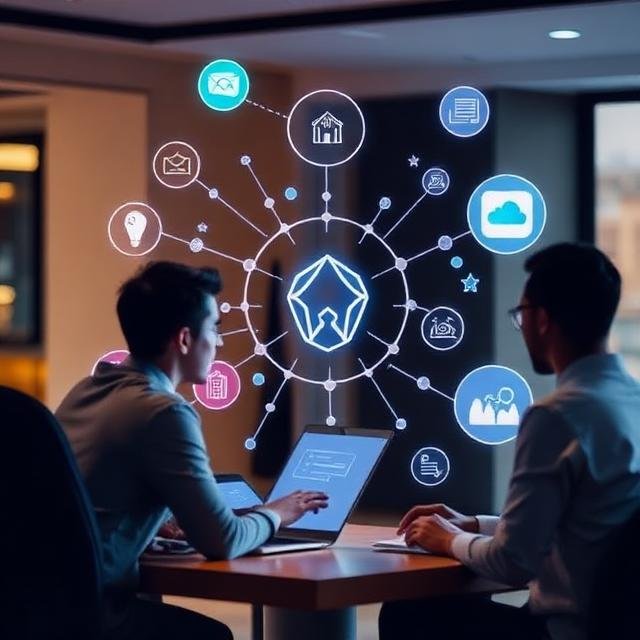 Illustration of a diverse team using an AI collaboration dashboard to manage projects