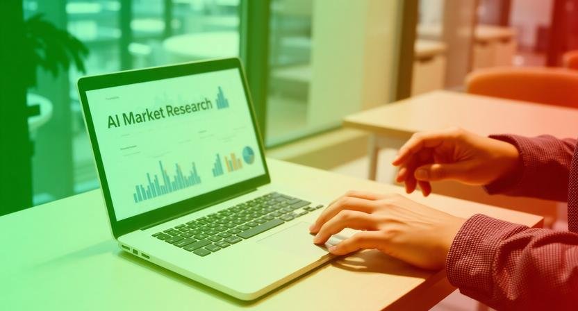 Entrepreneur using AI market research tools to automate data analysis while keeping human decisions in focus.