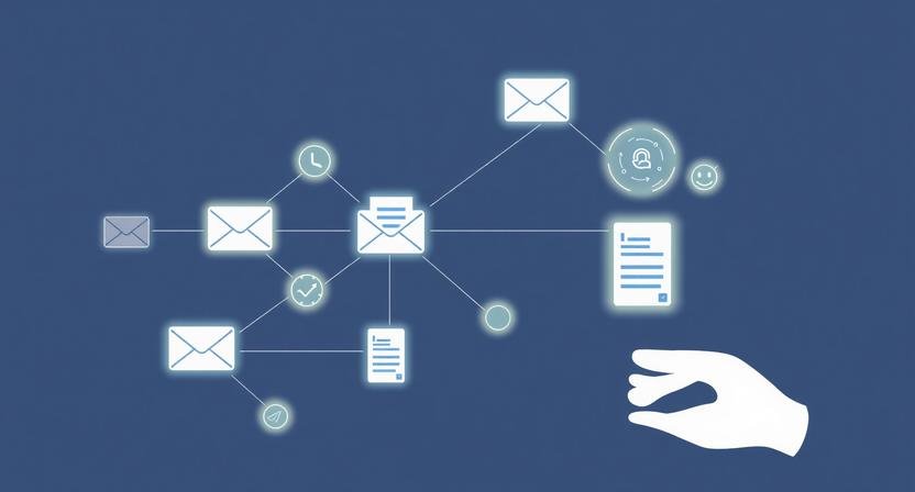 Abstract illustration of AI automating workflows and tasks to increase productivity for small teams and entrepreneurs, with connected icons representing emails, documents, and project management.