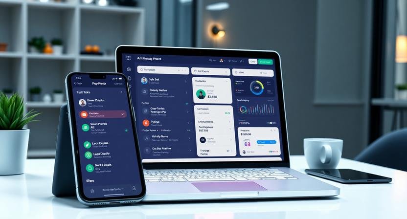 AI tools for task management displayed on a laptop and smartphone, showing dashboards, tasks, and deadlines for entrepreneurs and teams