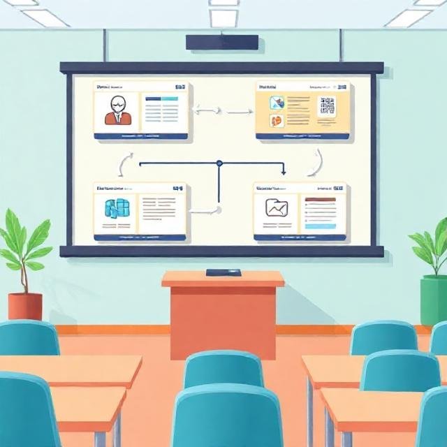 Illustration of AI tutorials with step-by-step panels showing automation and content creation guides.