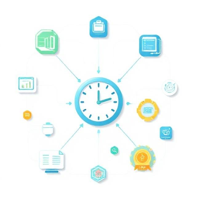 Illustration showing AI-powered productivity systems with workflow charts, automation icons, and efficiency tools.
