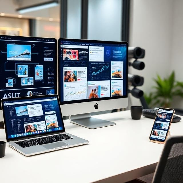 AI automating social media posts across multiple platforms for entrepreneurs and marketers, showing workflow, visuals, and analytics on laptop and smartphone screens.