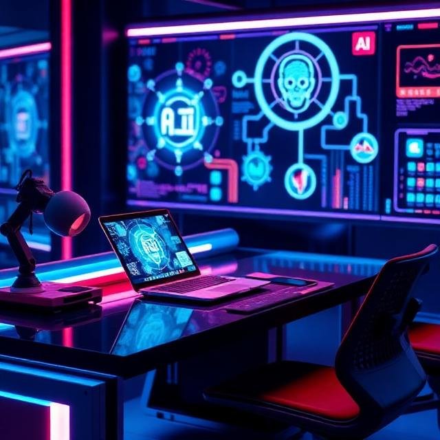 Entrepreneur at a modern desk using AI writing tools with glowing digital icons and laptop