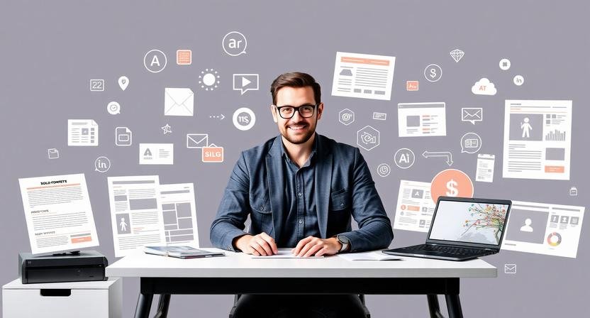 An illustration showing content repurposing with AI, where an entrepreneur uses AI tools to transform blog posts, social media posts, and videos efficiently for maximum reach.