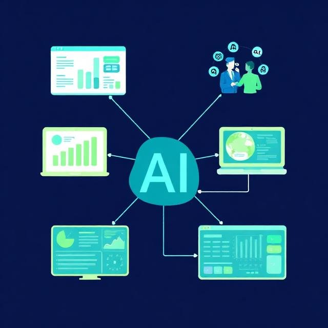 Illustration of five evergreen AI business models for entrepreneurs including SaaS platforms, consulting services, content creation, data insights, and digital marketplaces.