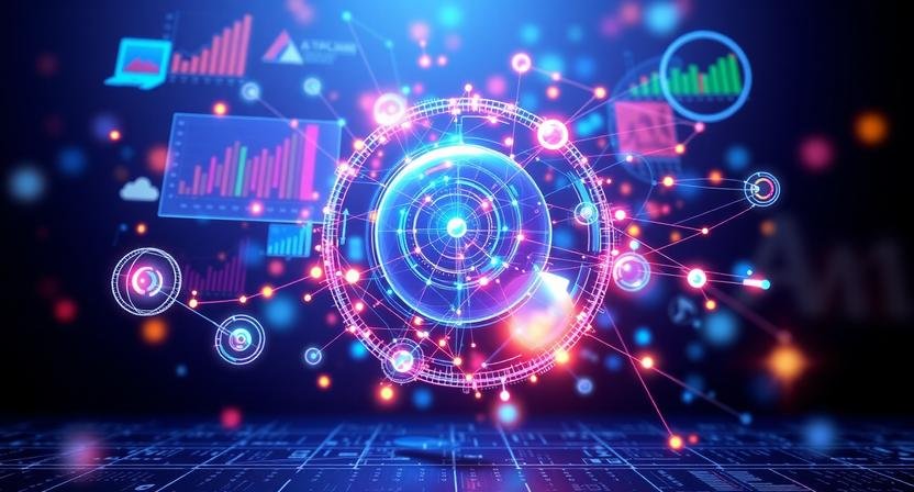 AI analytics for decision making: abstract digital visualization of data charts and AI insights for business strategy