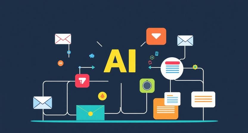 Conceptual illustration of AI marketing automation mistakes with icons for workflow, CRM, and alerts.
