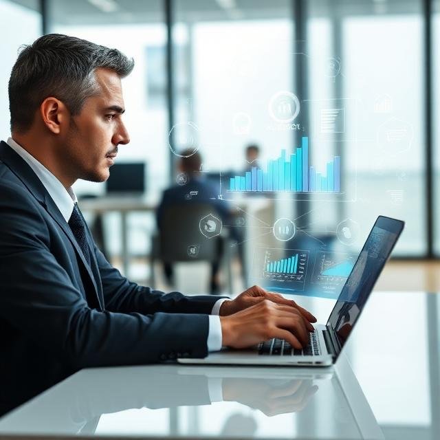 A business professional analyzing charts and data with AI tools to improve AI marketing decision making.