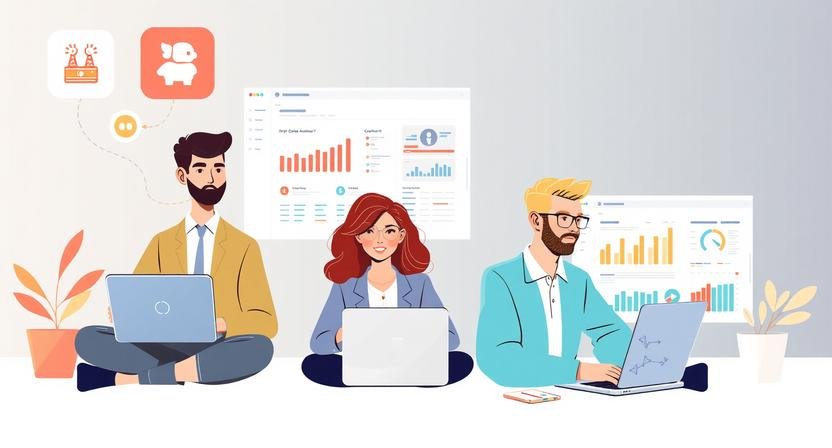 AI Social Media Strategy illustration showing a small team using AI tools to automate content calendars, manage analytics, and optimize workflow efficiency.