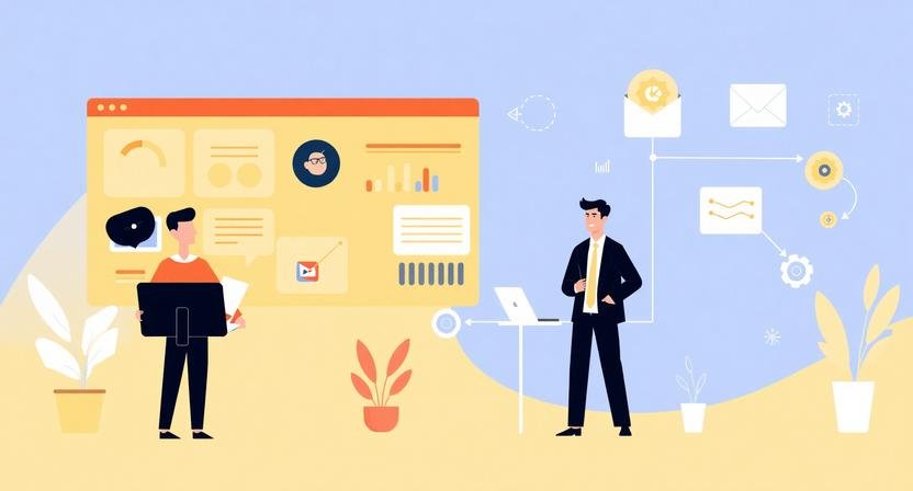 Illustration of entrepreneurs using AI tools for sales and lead generation, showing dashboards, analytics, and automated workflows for business growth.