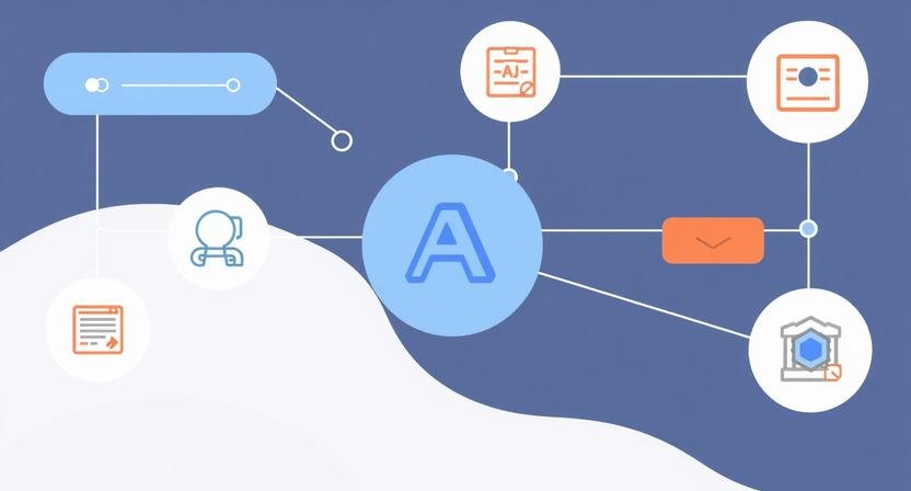 Abstract AI workflow automation diagram with icons representing content creation, data processing, and task management.