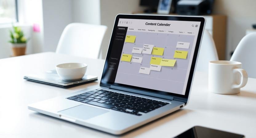 Visual representation of how to automate content calendar with AI on a laptop in a modern workspace