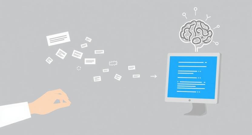 Simple diagram explaining how generative AI works, showing a prompt being processed by an AI model and turned into structured text output.