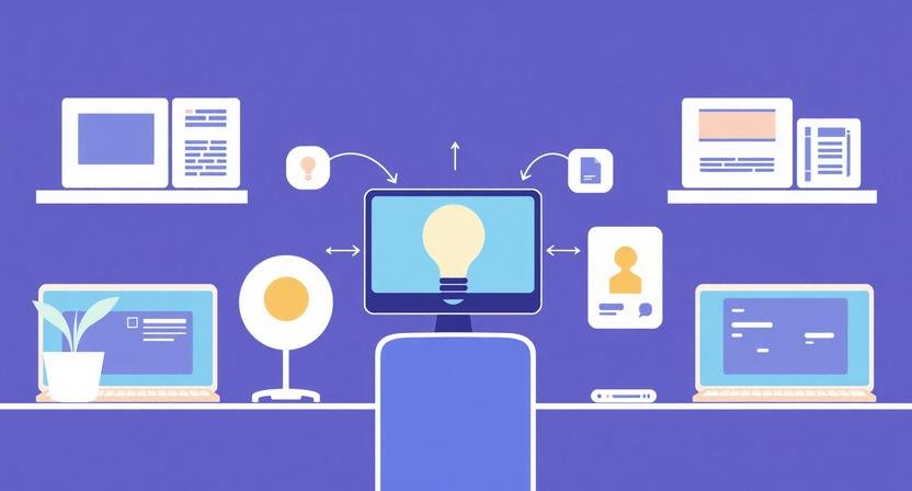 Content repurposing workflows that save hours: simple illustration of a content creator converting one idea into multiple content formats.