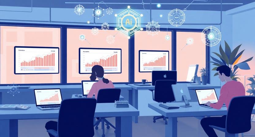 Small startup team collaborating with AI tools, charts showing growth, and futuristic AI icons — representing scaling your startup with AI in practice.