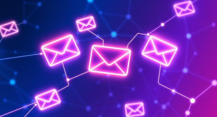 Abstract illustration of AI-driven email marketing automation with connected email icons and data network