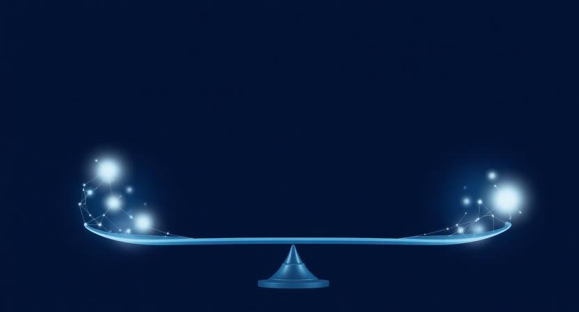 Abstract visual representing AI ethics in business applications with balance between automation and human decision-making