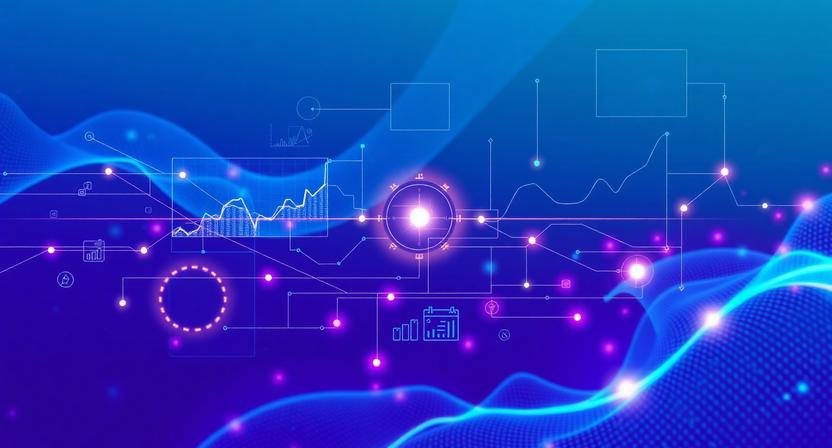 Abstract visualization of AI predictive analytics for business growth showing data forecasting and connected insights