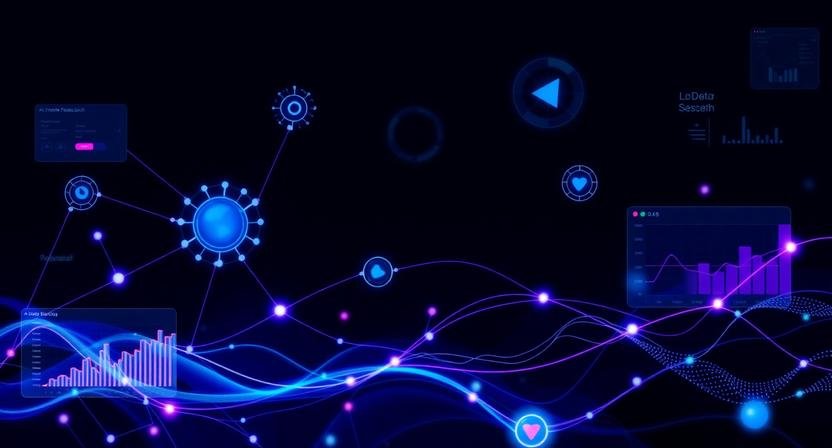 Abstract visualization of AI tools for automating market research showing data analysis, trends, and digital insights