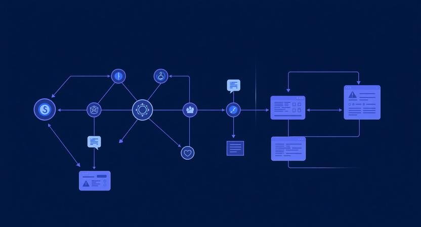 Abstract visualization of automating project management with AI showing connected workflows, task automation, and team systems