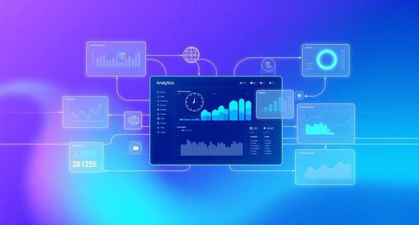 AI automated analytics dashboard tutorial showing an abstract visualization of interconnected AI systems, data flows, and unified dashboards for scaling team analytics automation.