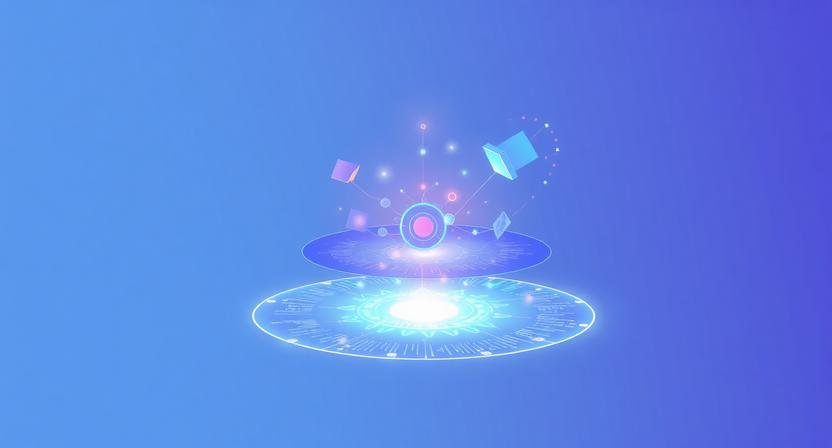 AI model types explained showing abstract representation of LLMs, AI agents, and vision models connected in a layered artificial intelligence system architecture