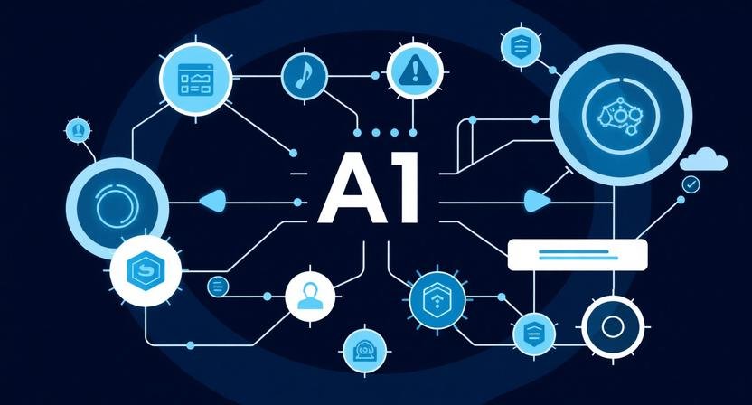 AI operational risk reduction for startups illustrated with abstract systems, automation workflows, and interconnected business processes