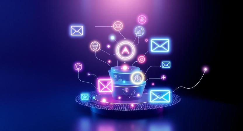 Abstract visualization of AI-powered sales funnels without paid ads showing automation workflows, lead generation systems, and organic business growth processes.