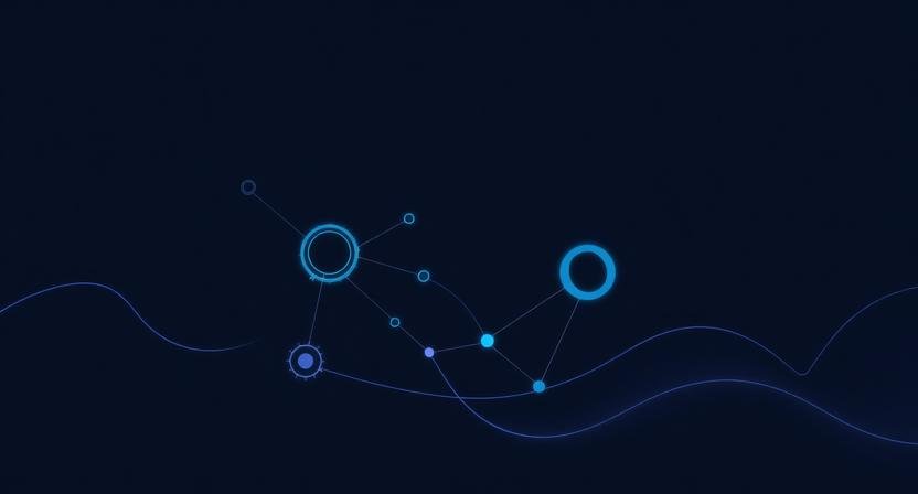 Beginner generative AI content creation abstract illustration showing digital workflows, connected nodes, and flowing ideas representing AI-powered content generation systems.