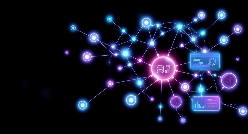 Abstract visualization of neural network applications in business showing connected data nodes and AI-driven workflows representing automation, forecasting, and intelligent decision systems.