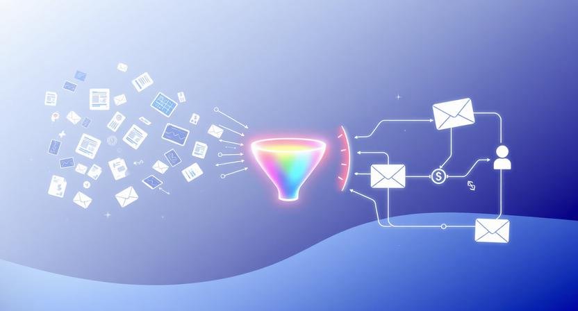 AI content funnel diagram showing automated flow from content creation to lead generation using structured digital marketing system and conversion process