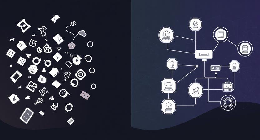 Abstract illustration showing fragmented AI tools versus structured systems, representing why AI monetization strategies fail and how organized workflows create scalable business outcomes.