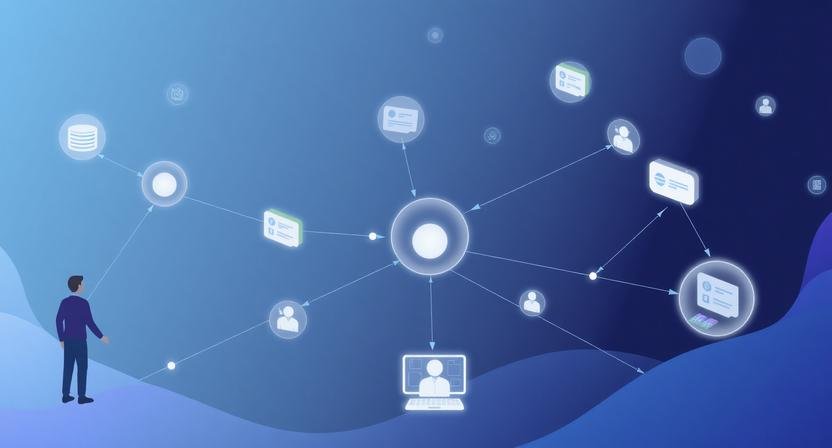 AI task routing systems visualized as an abstract network of connected nodes and workflow paths distributing tasks across teams and freelancers in a modern digital system