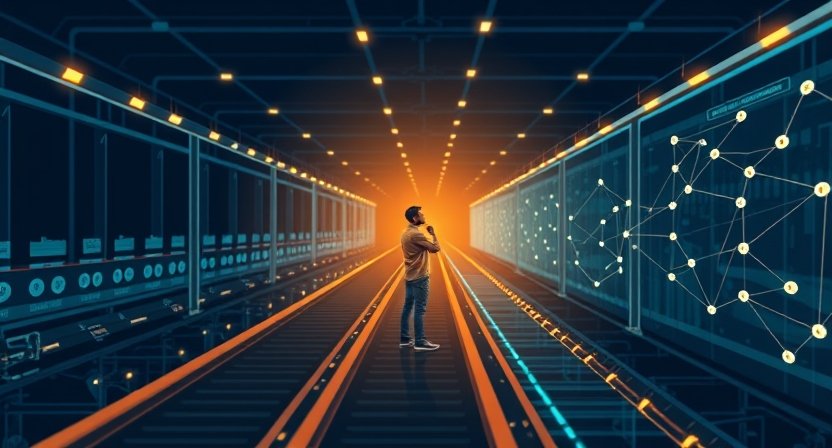 A conceptual digital illustration showing a glowing AI workflow diagram with a clear bottleneck or traffic jam in the center, representing automation limitations.